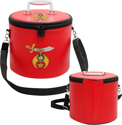 Machine Embroidered Shriner Fez Case – Deluxe Masonic Fez Cap Storage Box with Strap, Imitation Leather Gifts, Display Box for Masonic Fez Hats (Red)