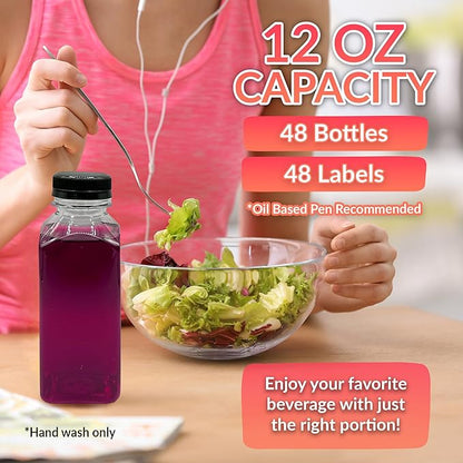 Reli. Plastic Juice Bottles (48 Pack, 12 oz) Square Plastic Juice Bottles with Caps & Sticker Labels | Clear, Empty for Juicing 12oz | Disposable, Smoothies