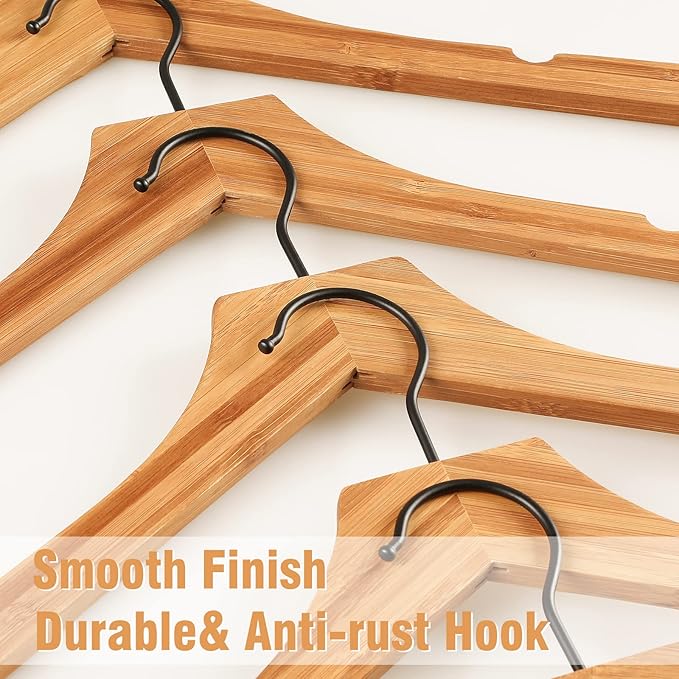 TOPIA HANGER Bamboo Wooden Hangers, Clothes Hangers with Rotatable Black Hook and Smooth Cut Nothces, Set of 20 Durable and Slim Wood Hangers for Coats, Suits, Jackets, Sweaters, Dresses - CTS08