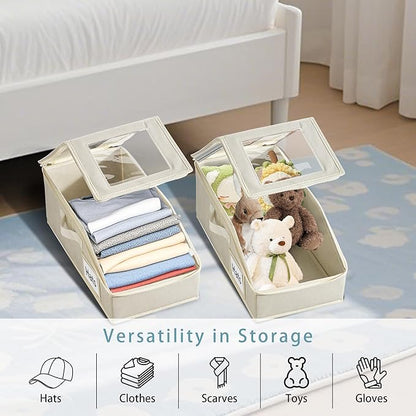 Stackable Hat Storage for Baseball Caps, 2 PCS Hat Storage Boxes for Closet, Holds up to 30 Caps with Cardboard, Hat Organizer for Women & Men(Two Clear Window) (Beige)