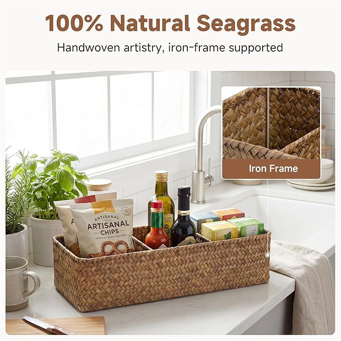 StorageWorks Toilet Paper Baskets for Shelves, 3-Section Large Wicker Baskets Storage, Seagrass Back of Toilet Basket for Organizing Tank Topper, Living Room, Table Decor, 2 Pack