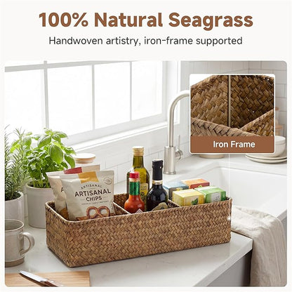 StorageWorks Toilet Paper Baskets for Shelves, 3-Section Large Wicker Baskets Storage, Seagrass Back of Toilet Basket for Organizing Tank Topper, Living Room, Table Decor, 2 Pack