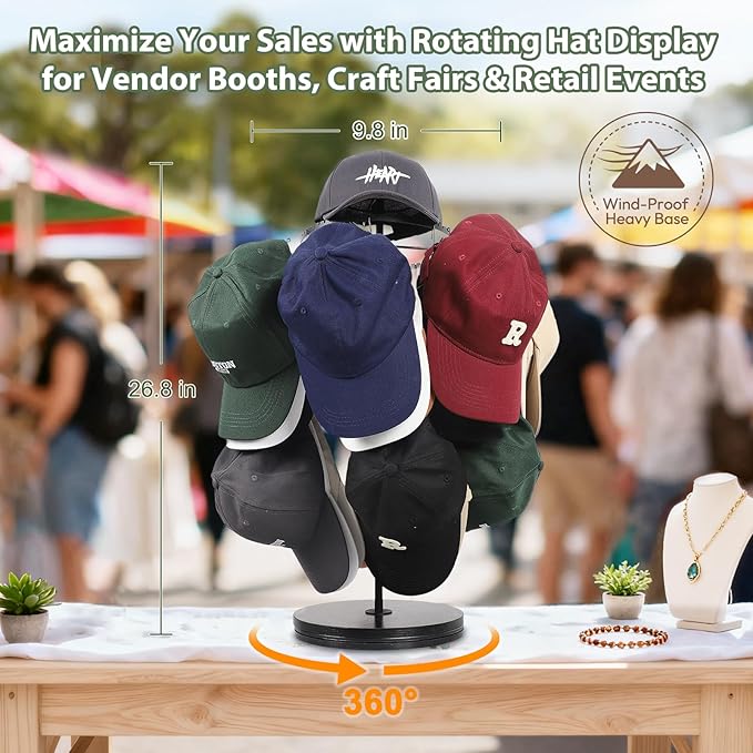 Keebofly Rotating Free Standing Hat Rack & Organizer Stand, 3-Tier Merchandise Display & Tabletop Baseball Cap Organizer Holds 40+ Caps, Portable for Vendor & Home Use in Bedroom, Closet, Entryway