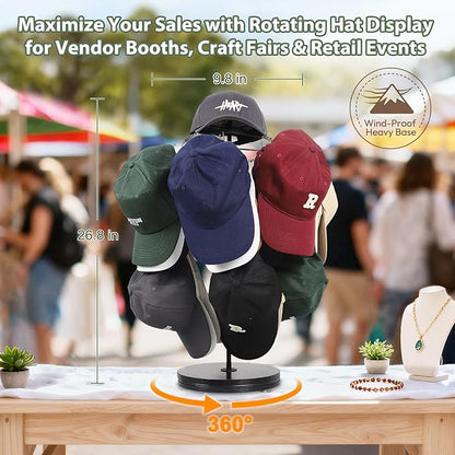 Keebofly Rotating Free Standing Hat Rack & Organizer Stand, 3-Tier Merchandise Display & Tabletop Baseball Cap Organizer Holds 40+ Caps, Portable for Vendor & Home Use in Bedroom, Closet, Entryway