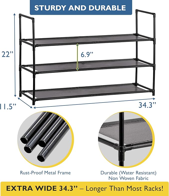 Sundaze Shoe Rack - 3 Tier Shoe Rack for Front Door Entrance, Sturdy Long Shoe Organizer for Closet, Bedroom, Entryway, Garage, Non Woven Fabric Shelf, Black, Holds Up to 15 Pairs