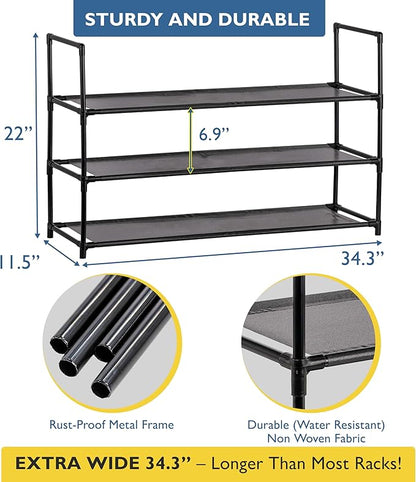Sundaze Shoe Rack - 3 Tier Shoe Rack for Front Door Entrance, Sturdy Long Shoe Organizer for Closet, Bedroom, Entryway, Garage, Non Woven Fabric Shelf, Black, Holds Up to 15 Pairs