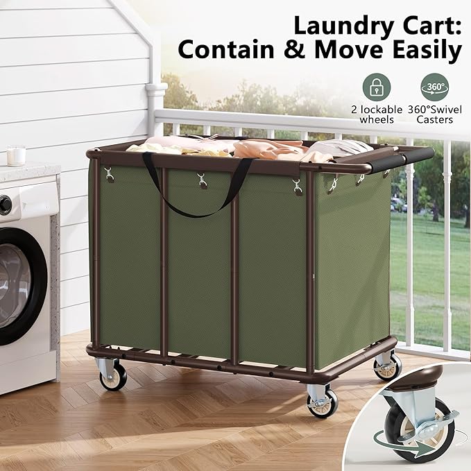 FAVOOSTY 470L Heavy Duty Commercial Laundry Cart with Wheels,Industrial Rolling Laundry Hamper, Extra Large Laundry Basket, Metal Frame for Hotel/Hospital/Home, 440lbs (Green)