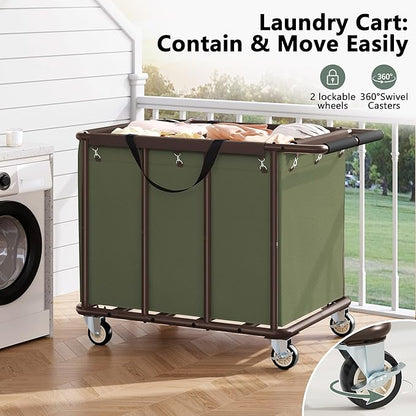 FAVOOSTY 470L Heavy Duty Commercial Laundry Cart with Wheels,Industrial Rolling Laundry Hamper, Extra Large Laundry Basket, Metal Frame for Hotel/Hospital/Home, 440lbs (Green)