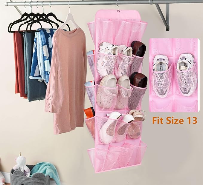 MISSLO Pink Hanging Shoe Organizer 30 Pockets with Rotating Hanger 28 Large Pockets Over The Door Shoe Rack