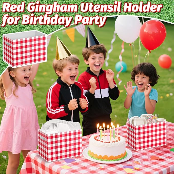 2PCS Red Gingham Utensil Holder Paper Utensil Caddy for Gingham Party Supplies Disposable Cutlery Holder with Handles Party Favors Cutlery Caddy for Red and White Checkered Birthday Decorations