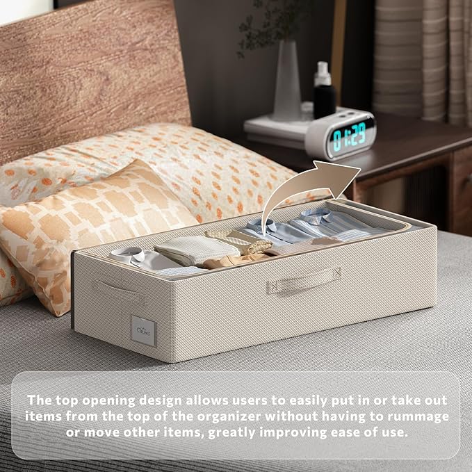 CYhom 3Pcs Under Bed Storage Bins with Metal Frame - Shoe Organizer for Closet with Clear Cover Oxford Fabric Sturdy Underbed Container Foldable Stackable Clothes Organizer (Beige, 23.5x11.8x6.3)
