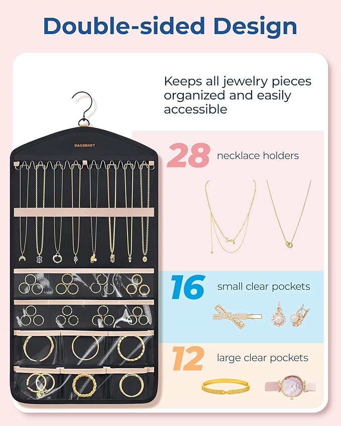 BAGSMART Hanging Jewelry Organizer with Hanger Metal Hooks Double-Sided Jewelry Holder for Organizing Earrings Necklaces Rings Perfect for in Hanging Closet, Wall, Door, 1 Piece, M, Black