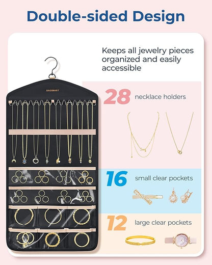 BAGSMART Hanging Jewelry Organizer with Hanger Metal Hooks Double-Sided Jewelry Holder for Organizing Earrings Necklaces Rings Perfect for in Hanging Closet, Wall, Door, 1 Piece, M, Black