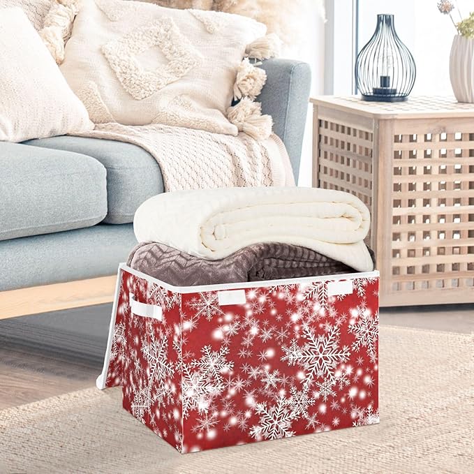 senya Christmas Baskets Collapsible Storage Bins with Lids, Christmas Background with Snowflakes Red Storage Boxes Clothes Baskets for Organizing