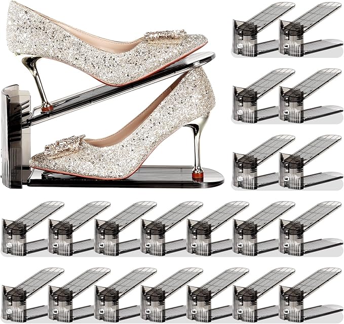 Shoe Slots Organizer 20 Pack - Shoe Stacker,3 Levels Adjustable,Space Savers 50%,Double Layer Holders for Closet (Black),Organizador de Zapatos