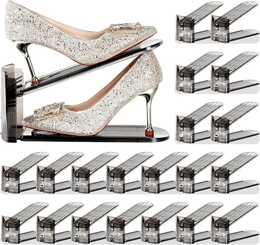 Shoe Slots Organizer 20 Pack - Shoe Stacker,3 Levels Adjustable,Space Savers 50%,Double Layer Holders for Closet (Black),Organizador de Zapatos