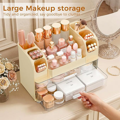Makeup Organizer for Vanity with Brush Holder, Large Bathroom Countertop Organizer & Skincare Storage | Perfume, Cosmetics Display Case with Drawers (Cream White)