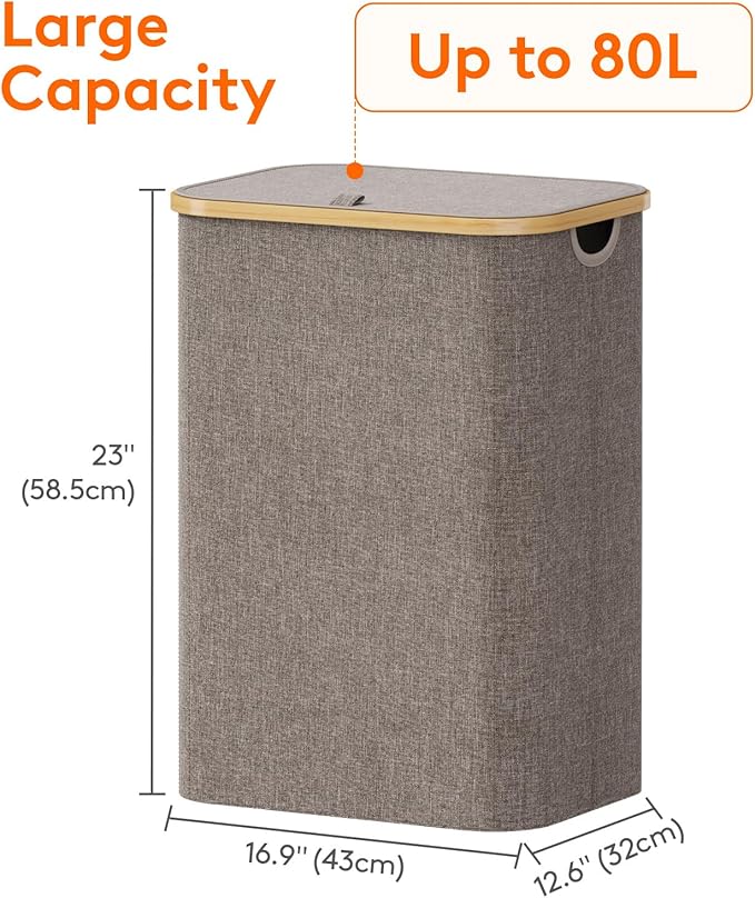 Lifewit 80L Laundry Basket with Lid, Clothes Hampers for Laundry with Bamboo Handles and 1 Removable Bag, Large Foldable Laundry Hamper for Bedroom, Bathroom, Dorm, Laundry Room, Brown