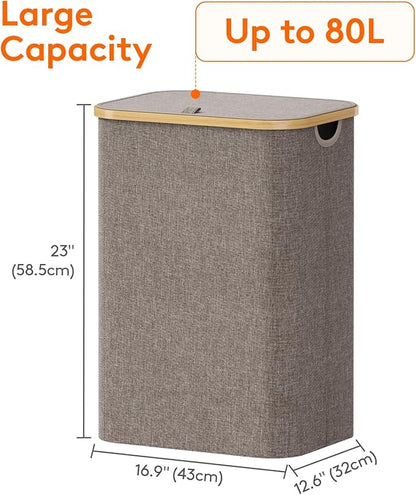 Lifewit 80L Laundry Basket with Lid, Clothes Hampers for Laundry with Bamboo Handles and 1 Removable Bag, Large Foldable Laundry Hamper for Bedroom, Bathroom, Dorm, Laundry Room, Brown