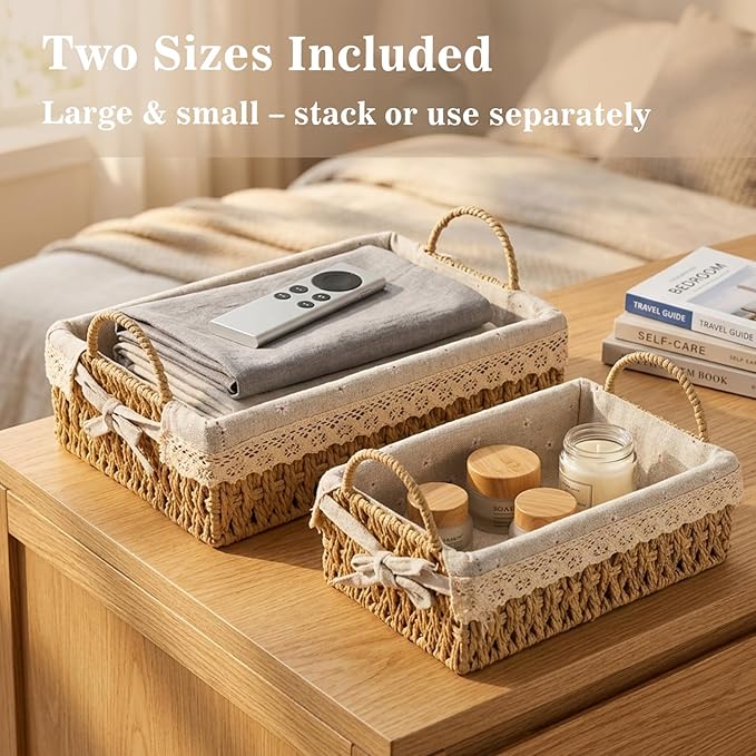 Wicker Storage Baskets with Handle and Liner, Set of 2 Small Paper Rope Woven Shelf Baskets for Organizing, Rectangular Boho Decorative Baskets for Gifts, Pantry, Table, Living Room, Kitchen