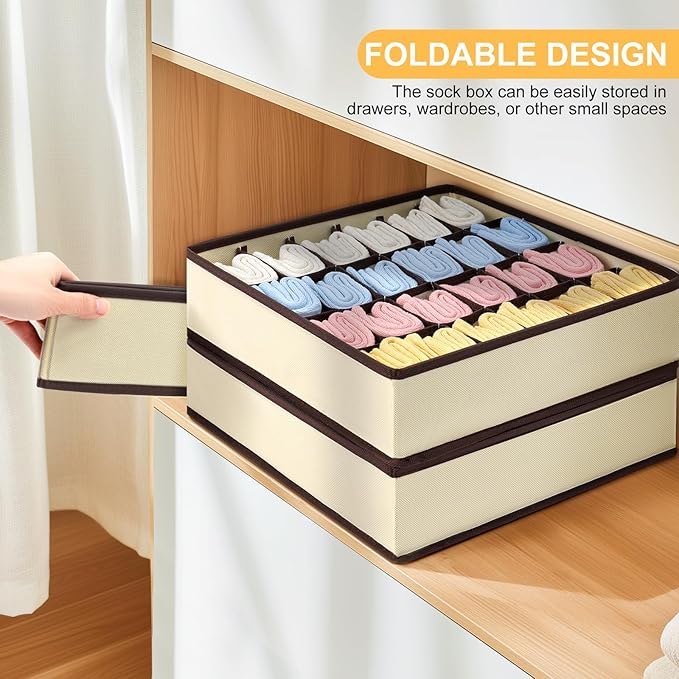 Sock Organizer 4 Pack, Large Sock Drawer Divider, Underwear Storage 24 Cell Closet Organizers and Storage for Wardrobes, Drawers. (Beige)