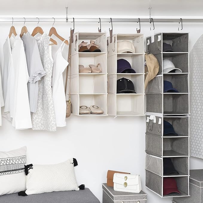 StorageWorks Hat Rack 8-Shelf Hanging Hat Organizer, Two Separate 4-Shelf Hat Storage, Baseball Cap Organizer for Closet, Canvas, Beige, 12 ¼"D x 9 ½"W x 54 ½"H