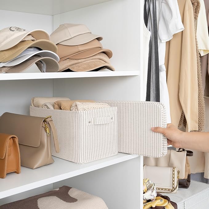 StorageWorks Narrow Storage Bins, Small Basket for Closet and Shelves, Rectangular Fabric Organizer with Handles, Toilet Paper Storage, Khaki and Beige Stripes, 2-Pack