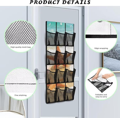 Beach Starfish Over The Door Shoe Organizer, 12 Mesh Pockets Waterproof Hanging Rack for Bathroom Toiletries & Beach Gear, Space Saving for Vacation Homes