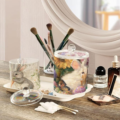 2 Pack Qtip Dispenser Apothecary Jars with Lids Cotton Round Holder Bathroom Canisters for Cotton Swab Floss Ball Pads Clear Plastic Decorative Easter Bunny Eggs Flowers Carrot