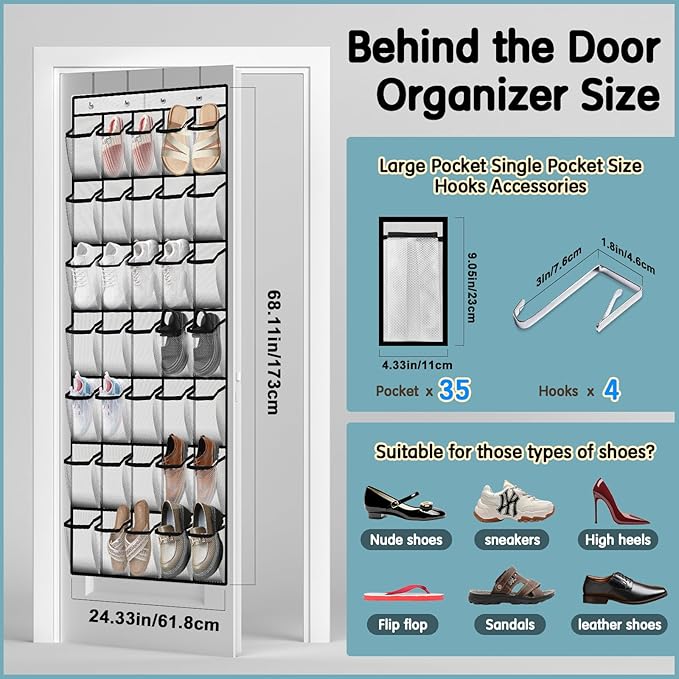 Kotkn 35 Compartment Over The Door Storage - Breathable Mesh Hanging Organizer with Large Pockets, Space Saving Design for Men & Women's Footwear, Closet, Bedroom （White）
