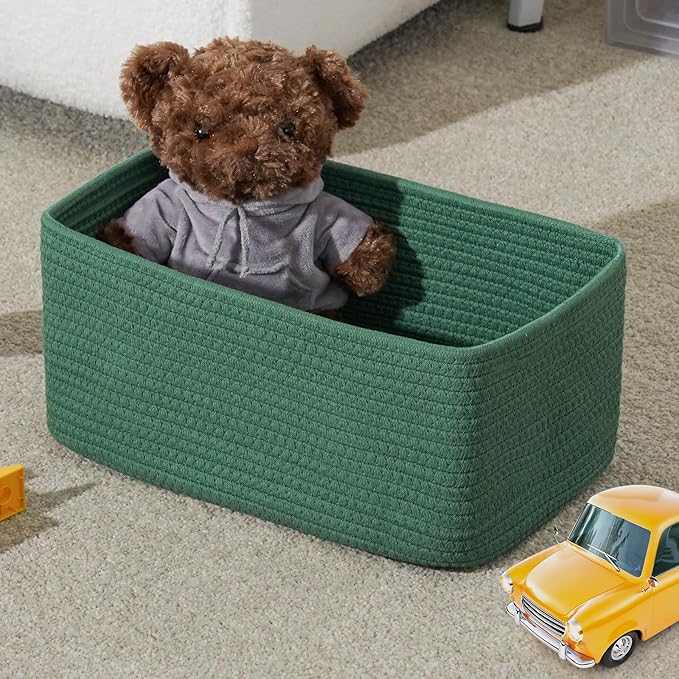 3-Pack Storage Baskets for Organizing | Woven Shelf Toy Basket | Rope Baskets for Gifts Empty | Closet Organizer Bins with Handles | Cube Decorative Box | 13.7×7.1×6.7” | Dark Green