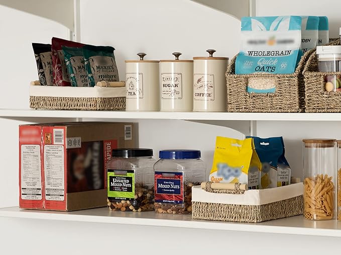 StorageWorks Small Seagrass Baskets for Organizing, Wicker Basket for Organizer, Storage Baskets with Wooden Handles and Natural Fiber Liner, Set of 2