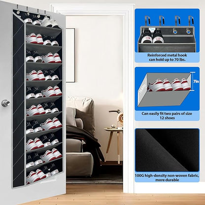 Over the Door Shoe Organizer, 20 to 30 Pairs Hanging Shoe Holder, Heavy Duty Extra Deep Pockets Shoe Storage for Closet, Anti-Scratch Hooks & FSC-Certified Bamboo - Black/Grey