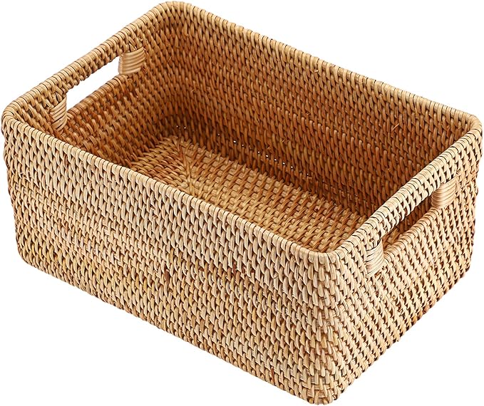 Hipiwe Handwoven Rattan Basket Wicker Storage Basket Box with Build-in Handles Natural Open Storage Bin for Shelf Bathroom Living Room Kitchen, 13" x 8.7" x 5.9"