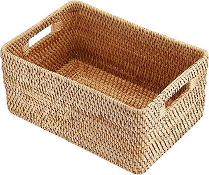 Hipiwe Handwoven Rattan Basket Wicker Storage Basket Box with Build-in Handles Natural Open Storage Bin for Shelf Bathroom Living Room Kitchen, 13" x 8.7" x 5.9"