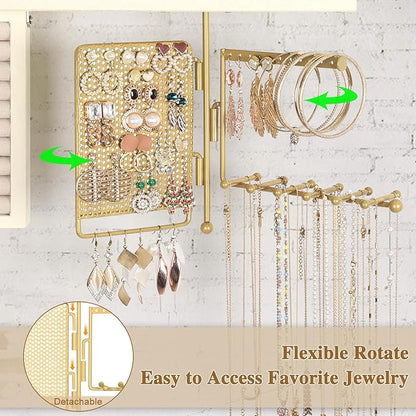 SOLIMINTR Hanging Jewelry Organizer Wall Mount with Rustic Wood Shelf, Ring Display Box, Ear Studs Earring Holder, Rotating Necklace Holder Organizer Gold