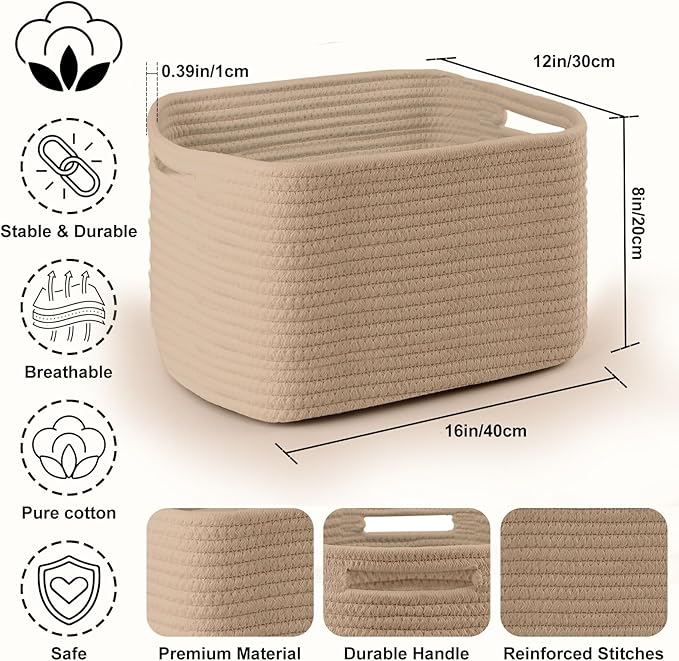 4 Pack Large Storage Baskets for Organizing, 16''Lx12''Wx8''H Woven Baskets for Storage Toys, Towels, Books, and Clothes, Cotton Rope Basket for Shelves with Handle