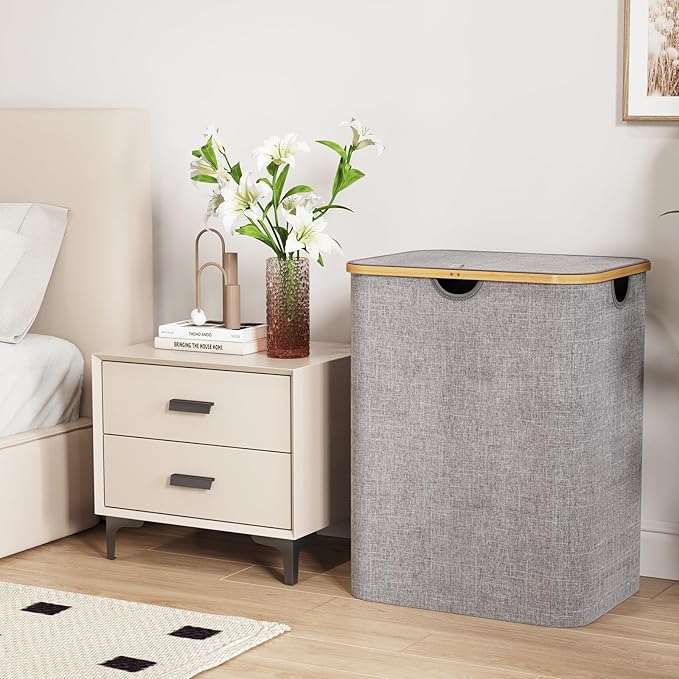 Lifewit 120L Laundry Basket with Lid, Clothes Hampers for Laundry with Bamboo Handles and 1 Removable Bag, Large Foldable Laundry Hamper for Bedroom, Bathroom, Dorm, Laundry Room, Light Gray