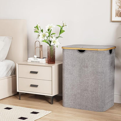 Lifewit 120L Laundry Basket with Lid, Clothes Hampers for Laundry with Bamboo Handles and 1 Removable Bag, Large Foldable Laundry Hamper for Bedroom, Bathroom, Dorm, Laundry Room, Light Gray