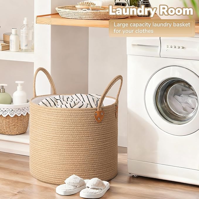 CHICVITA 50L Blanket Basket Living Room, Wicker Laundry Baskets for Home Decor, Baby Toy Basket with Handles, Large Nursery Hamper for Blankets Towels Clothes, 16" X 16" X 14", Jute Brown