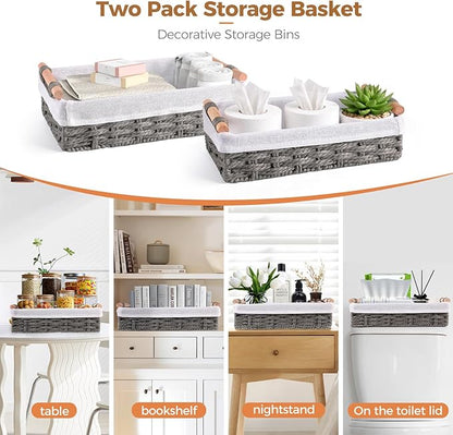 HomeHacks 2 Pack Storage Basket Paper Rope Baskets for Organizing with Handle Decorative Storage Bins for Countertop Toilet Paper Basket for Toilet Tank Top Small Baskets, Grey