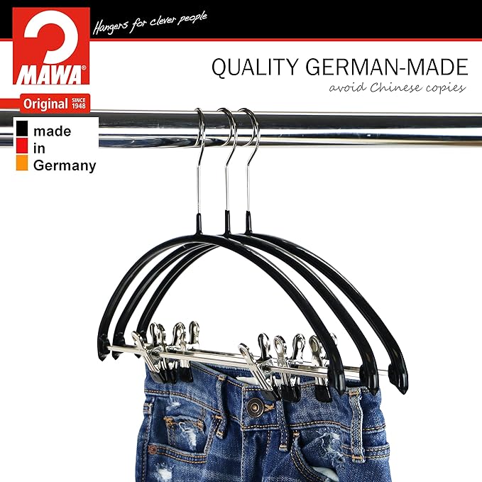 Mawa by Reston Lloyd European Non-Slip Metal Clothing Hanger, Smooth Shoulder Support & Adjustable Pant Clips, 1 Piece, Black