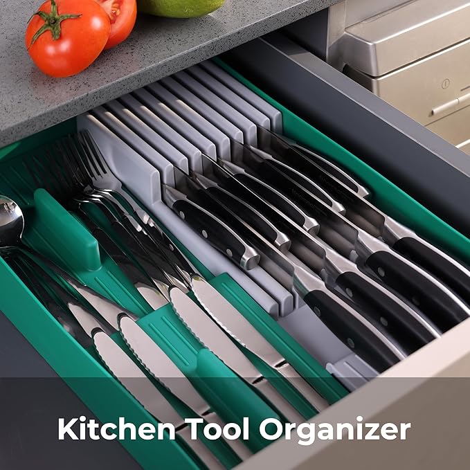 linoroso Knife Drawer Organizer Silverware Drawer Organizer with Kitchen Organizer, Cutlery Drawer Organizer Utensil Drawer Organizer for Knives, Flatware, and Utensils, BPA Free Secure Storage Tray