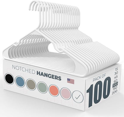 Plastic Hangers 100 Pack – Made in The USA – 6lb Capacity Standard Clothes Hangers with Notches and Reinforced Edges for Dresses, Lingerie, Shirts, Pants, and Jackets – White