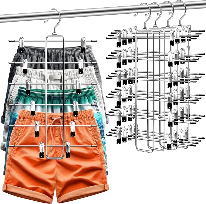 Closet-Organizers-and-Storage,6 Tier Pants-Hangers-Space-Saving,Skirt-Hangers with Clips for Closets Organizer,College-Dorm-Room-Essentials,4 Pack Closet Storage Clothes Shorts Hanger (4 Pack-Silver)