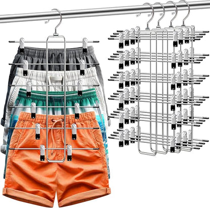 Closet-Organizers-and-Storage,6 Tier Pants-Hangers-Space-Saving,Skirt-Hangers with Clips for Closets Organizer,College-Dorm-Room-Essentials,4 Pack Closet Storage Clothes Shorts Hanger (4 Pack-Silver)