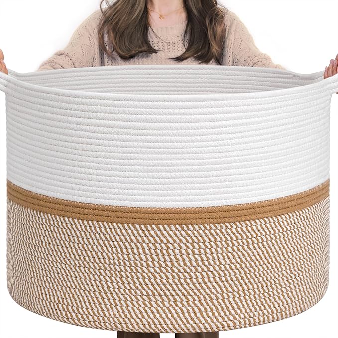 CHICVITA XXL Extra Large Blanket Basket, Cotton Rope Storage Basket for Organizing, Home Decor Woven Basket for Laundry Baby Nursery Decorative Toy Bin, White and Brown, 22" x 22" x 14"