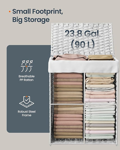 SONGMICS HOME Laundry Hamper with Lid, Clothes Basket with Removable Liner and Handles, 23.8 Gallon, Foldable Narrow Laundry Organizer for Bathroom, Bedroom, White