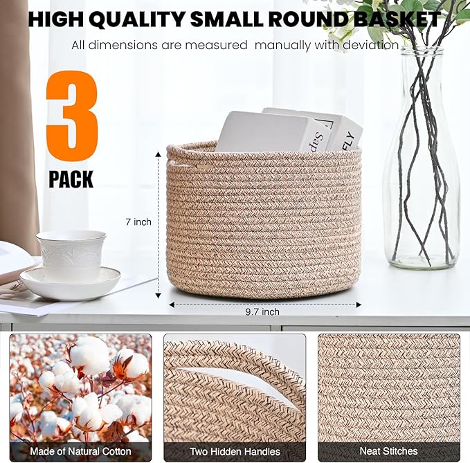 ICERZCZ Small Storage Baskets for Organizing, Organizer Baskets for Shelves, Small Woven Basket for Storage, Cute Cotton Rope Basket for Gifts Empty, 9.7"×9.7"×7" (3 Packs) Brown
