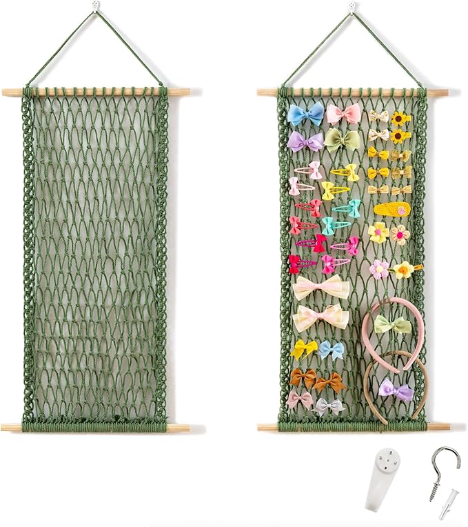 Pretty Jolly Macrame Hair Clips Accessories Organizer Hairbow Holder Rack for Girl Clips Storage Claw Clip Ornaments Keeper for Girls Room Wall Hanging Decor(Green)